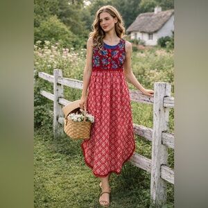 Handmade Cottagecore Floral Patchwork Dress Red Blue Heart Button Midi M